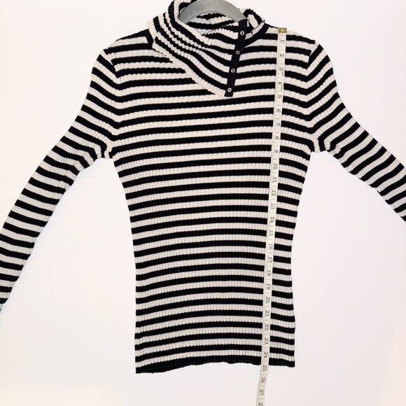 Margaret O'Leary Black & White Striped Snap Turtleneck Top Lightweight Sweater L - Picture 10 of 14
